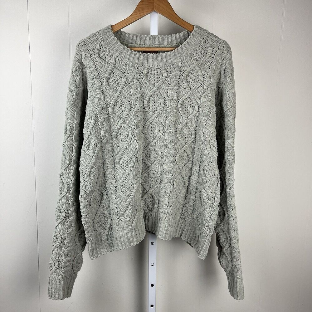 Pol Chenille Sweater Womens Large Sage Green Cable Knit Pullover Chunky